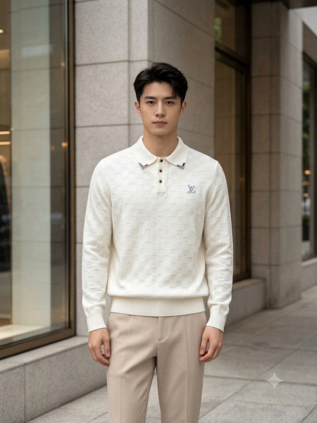 Premium Textured Knit Long-Sleeve Polo Pullover