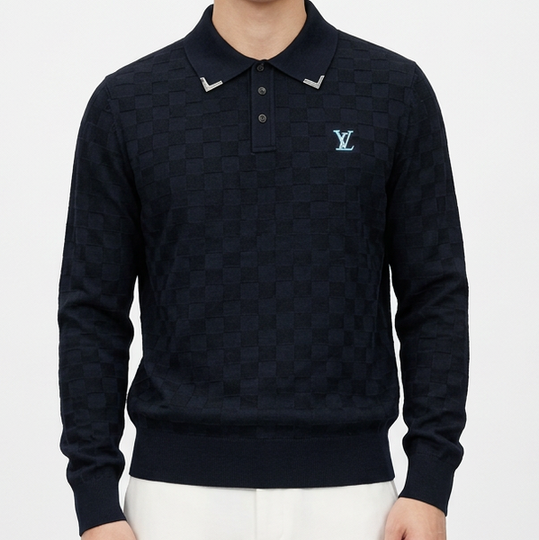 Premium Textured Knit Long-Sleeve Polo Pullover
