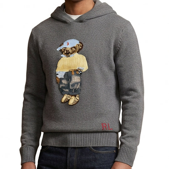 Premium Grey Soft Knit Hoodie with Bear Embroidery