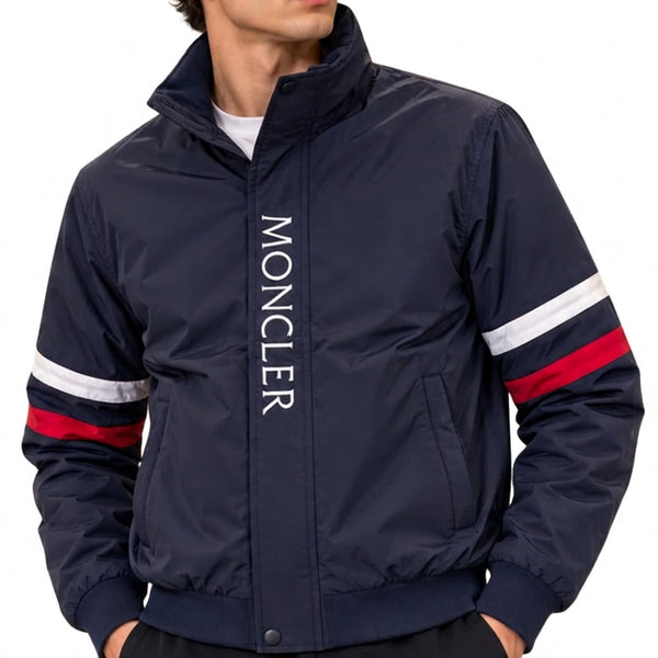 Premium Navy Lightweight Windcheater with Tricolor Sleeve Stripes