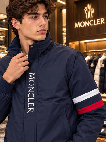Premium Navy Lightweight Windcheater with Tricolor Sleeve Stripes