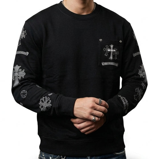 Premium Black Crewneck Pullover with Cross Details