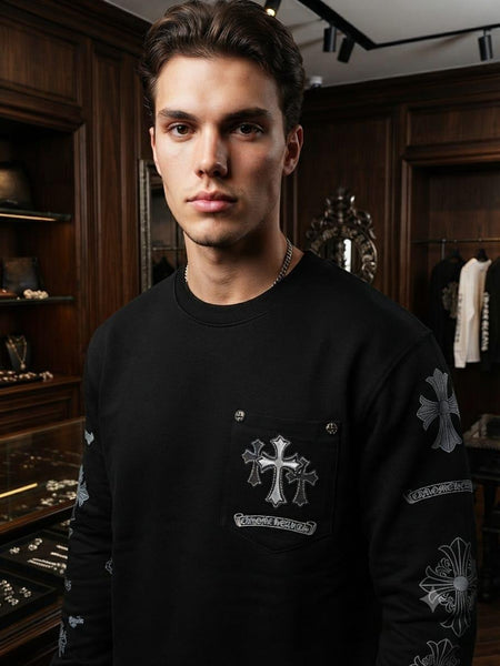 Premium Black Crewneck Pullover with Cross Details