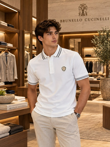 Premium Polo T-Shirt with Striped Collar and Embroidered Chest Badge