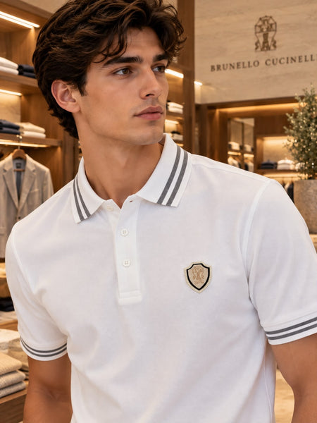 Premium Polo T-Shirt with Striped Collar and Embroidered Chest Badge