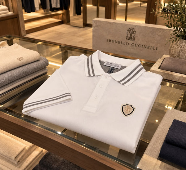 Premium Polo T-Shirt with Striped Collar and Embroidered Chest Badge