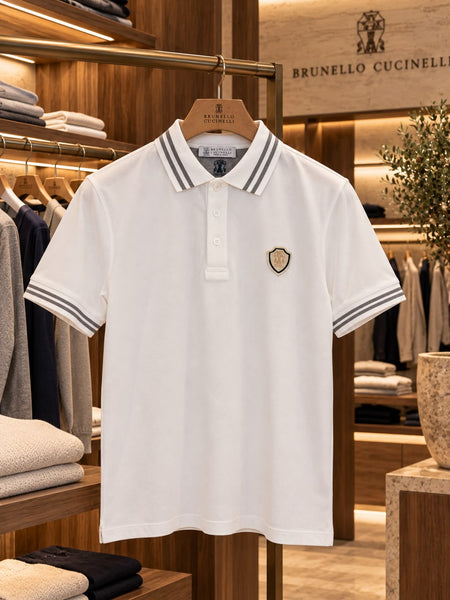 Premium Polo T-Shirt with Striped Collar and Embroidered Chest Badge