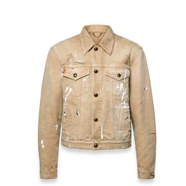 Premium Men’s Beige Distressed Denim Trucker Jacket