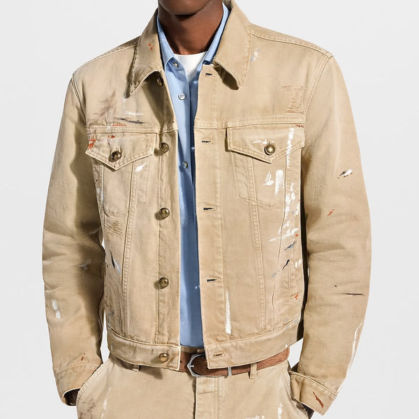 Premium Men’s Beige Distressed Denim Trucker Jacket