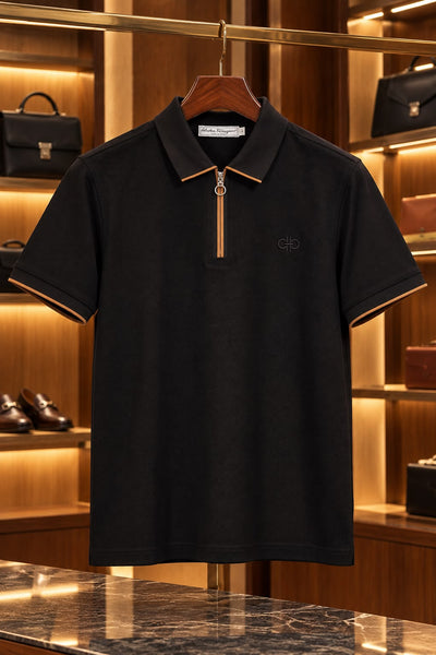 Premium Exclusive High-End Quality Authentic Soft Textured Black Zip Polo Tee Shirt for Men