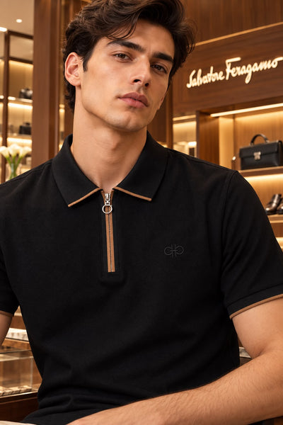 Premium Exclusive High-End Quality Authentic Soft Textured Black Zip Polo Tee Shirt for Men