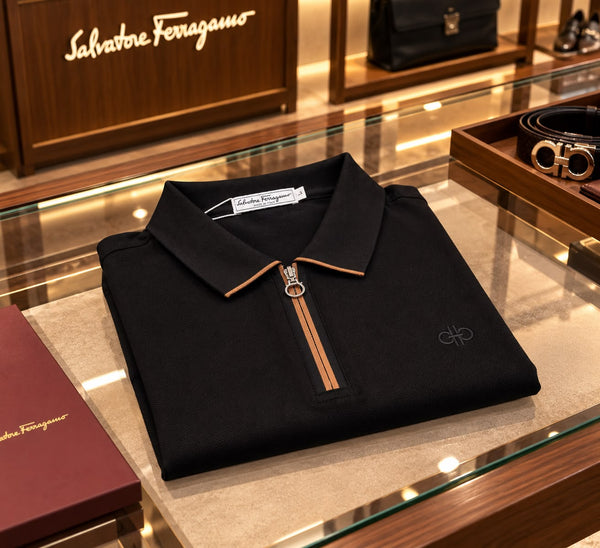 Premium Exclusive High-End Quality Authentic Soft Textured Black Zip Polo Tee Shirt for Men