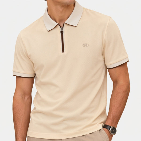 Premium Exclusive High-End Quality Authentic Soft Textured Cream Zip Polo Tee Shirt for Men