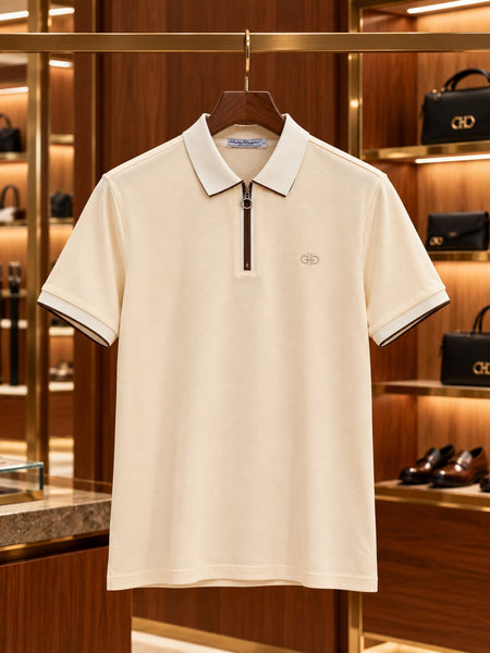 Premium Exclusive High-End Quality Authentic Soft Textured Cream Zip Polo Tee Shirt for Men