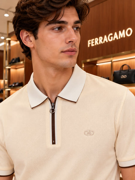 Premium Exclusive High-End Quality Authentic Soft Textured Cream Zip Polo Tee Shirt for Men