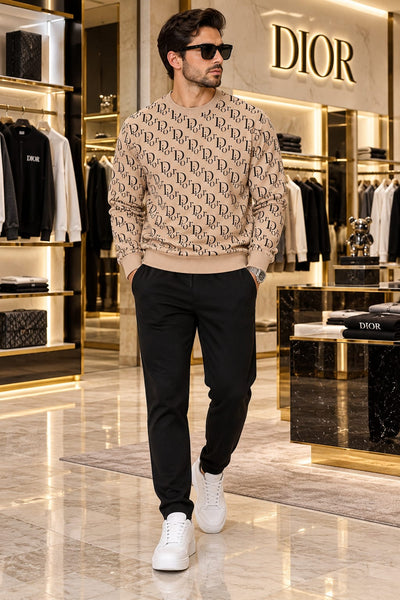 Premium Exclusive High-End Quality Soft Beige All Over Print Crew Neck Sweatshirt for Men