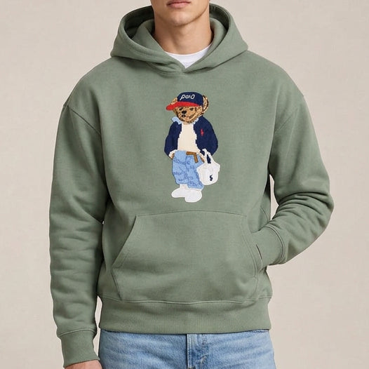Premium Exclusive High-End Soft Fleece Khaki Embroidered Bear Graphic Pullover Hoodie for Casual Comfort Wear