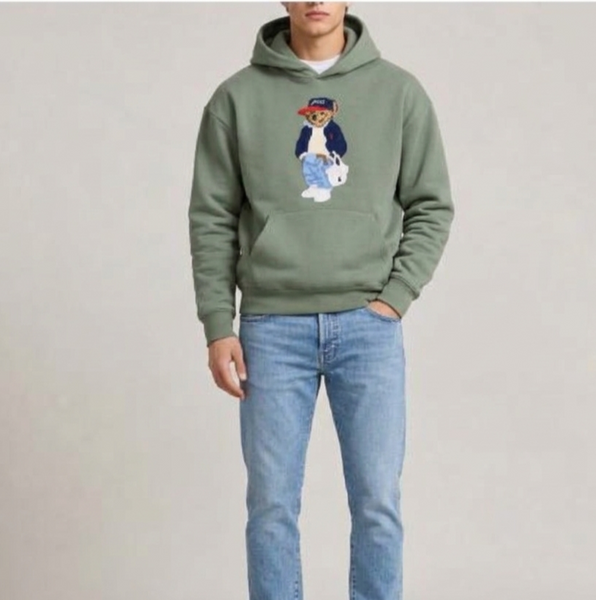 Premium Exclusive High-End Soft Fleece Khaki Embroidered Bear Graphic Pullover Hoodie for Casual Comfort Wear