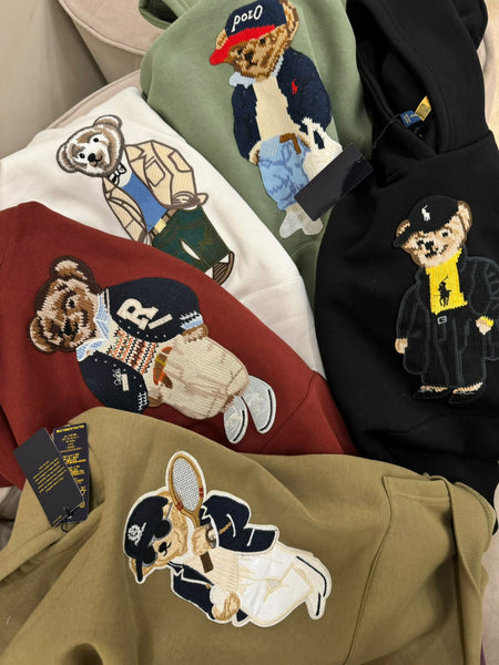 Premium Exclusive High-End Soft Fleece Khaki Embroidered Bear Graphic Pullover Hoodie for Casual Comfort Wear