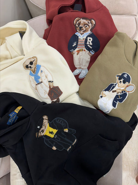 Premium Exclusive High-End Soft Fleece Khaki Embroidered Bear Graphic Pullover Hoodie for Casual Comfort Wear