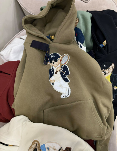 Premium Exclusive High-End Soft Fleece Khaki Embroidered Bear Graphic Pullover Hoodie for Casual Comfort Wear