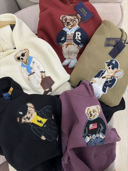 Premium Exclusive High-End Soft Fleece Khaki Embroidered Bear Graphic Pullover Hoodie for Casual Comfort Wear