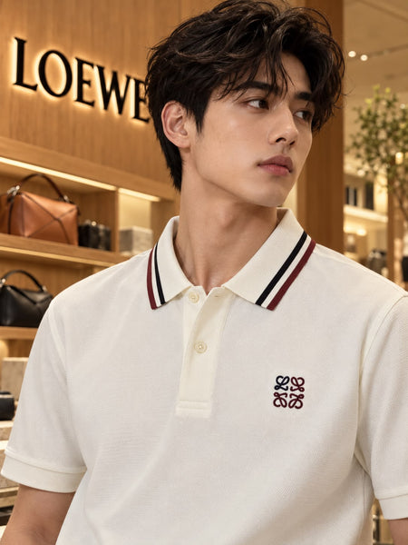 Premium Exclusive High-End Classic Fit Short Sleeve Polo Tee with Striped Collar Detail
