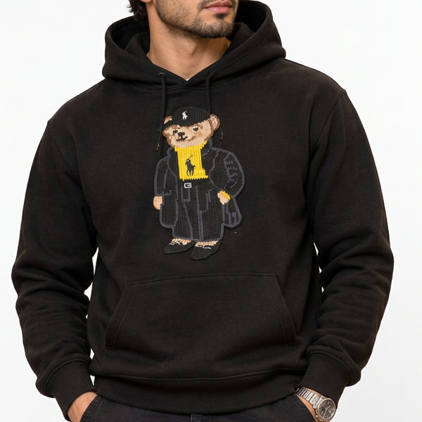 Premium Exclusive High-End Soft Fleece Black Embroidered Bear Graphic Pullover Hoodie for Casual Everyday Style