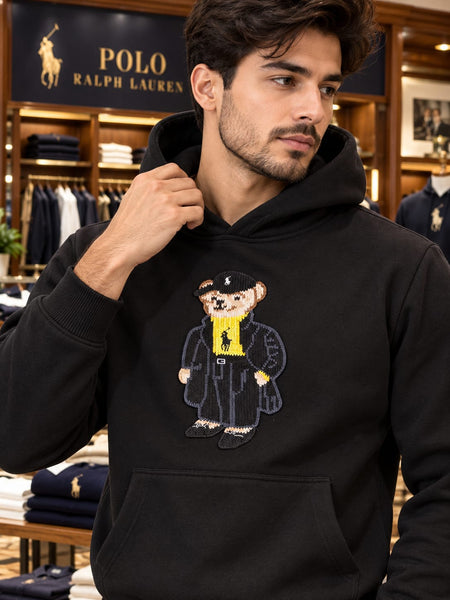 Premium Exclusive High-End Soft Fleece Black Embroidered Bear Graphic Pullover Hoodie for Casual Everyday Style