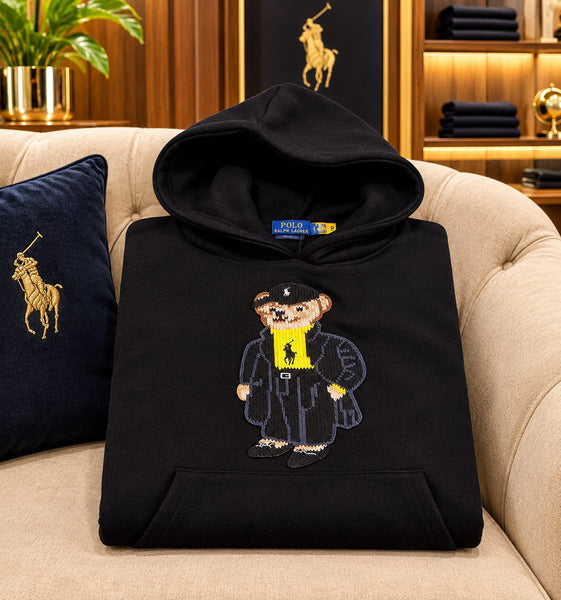 Premium Exclusive High-End Soft Fleece Black Embroidered Bear Graphic Pullover Hoodie for Casual Everyday Style