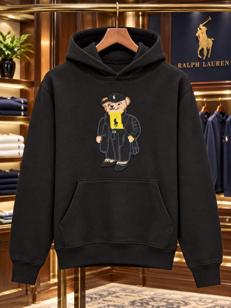 Premium Exclusive High-End Soft Fleece Black Embroidered Bear Graphic Pullover Hoodie for Casual Everyday Style