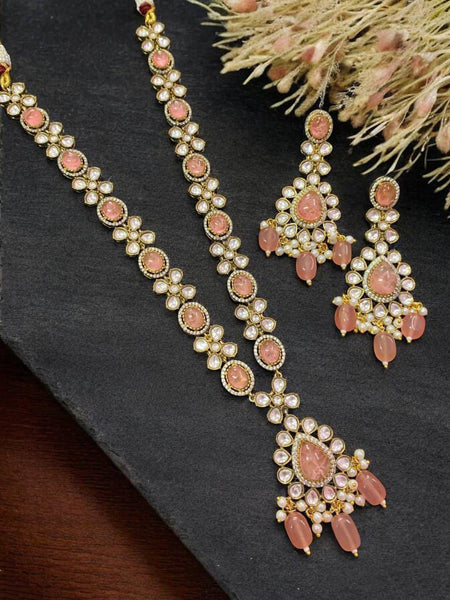 Green Stone Kundan Simple Necklace with Drop Pattern Green Bead Earring Jewellery Set