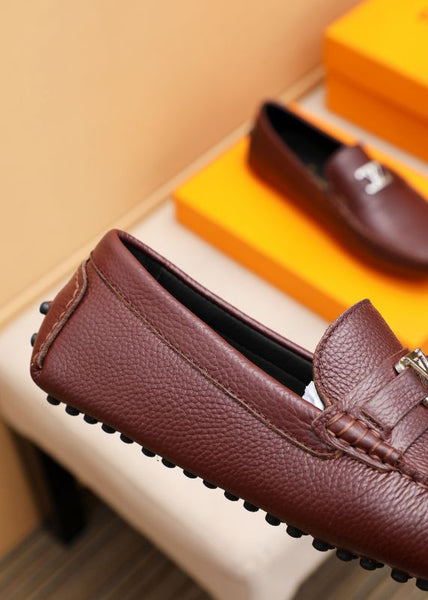 Men’s Brown Leather Slip-On Loafers with Metal Logo Premium Classic Style