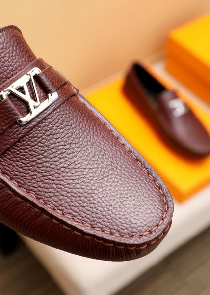 Men’s Brown Leather Slip-On Loafers with Metal Logo Premium Classic Style