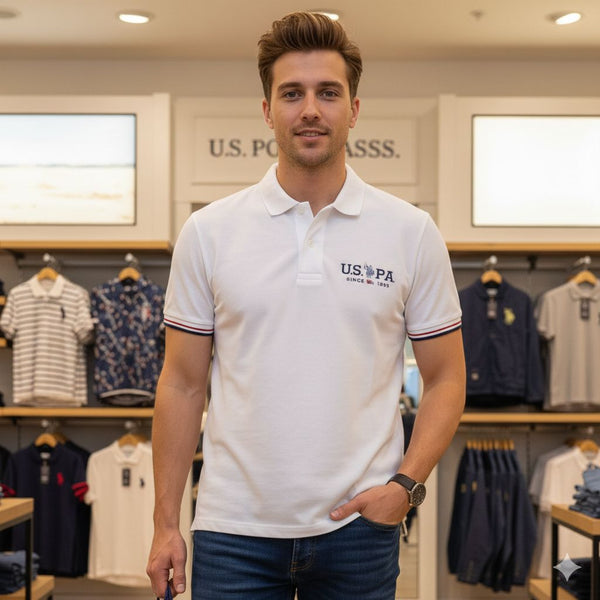 Men’s White Polo T-Shirt with Chest Logo & Contrast Sleeve Stripes