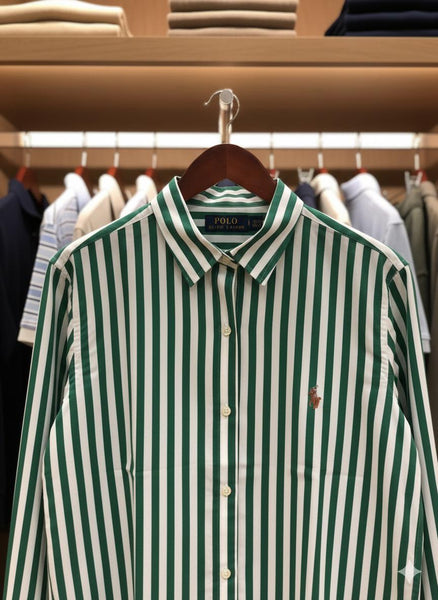 Women’s Green & White Vertical Striped Cotton Shirt  Classic Fit