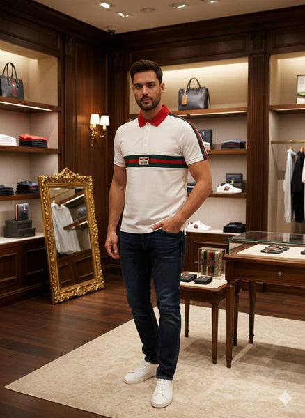 White Polo T-Shirt with Signature Stripe Smart & Premium Look