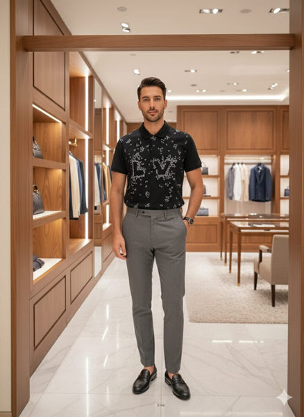 Luxury Black Polo T-Shirt with All-Over Brand  Monogram Print