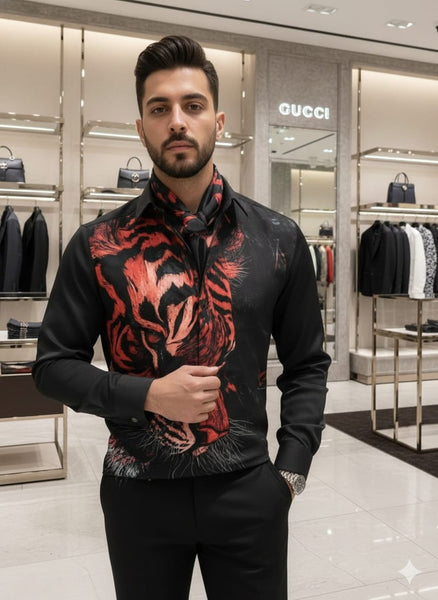 Bold Tiger Print Black Designer Shirt