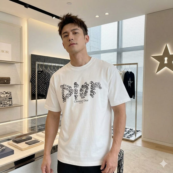 Elegant Floral Logo White Drop Shoulder T-Shirt Luxury Casual Style