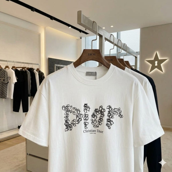 Elegant Floral Logo White Drop Shoulder T-Shirt Luxury Casual Style