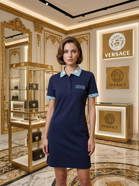 Women Premium Navy Polo Dress with Contrast Collar