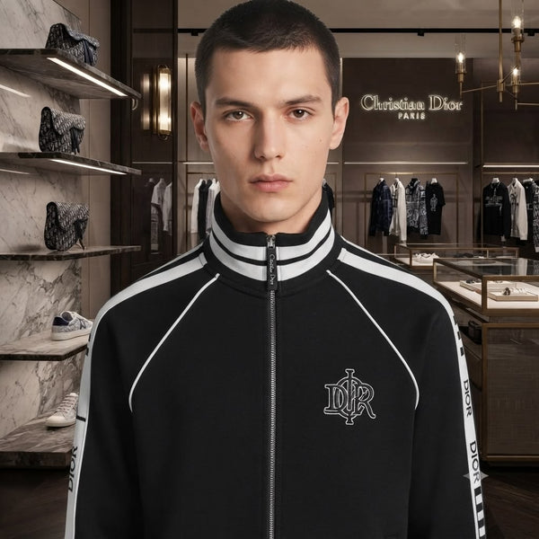 Men Black Tracksuit Set – Full-Zip Jacket & Jogger Pants with Striped Design