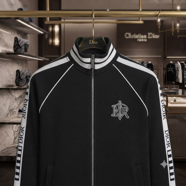Men Black Tracksuit Set – Full-Zip Jacket & Jogger Pants with Striped Design