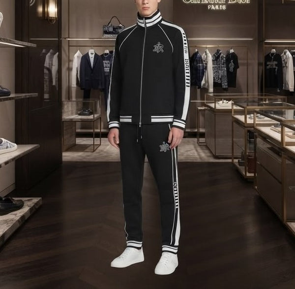 Men Black Tracksuit Set – Full-Zip Jacket & Jogger Pants with Striped Design