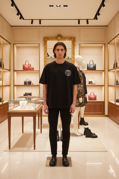 Men Black Oversized T-Shirt – Round Neck Short Sleeve Minimal Logo Casual Tee