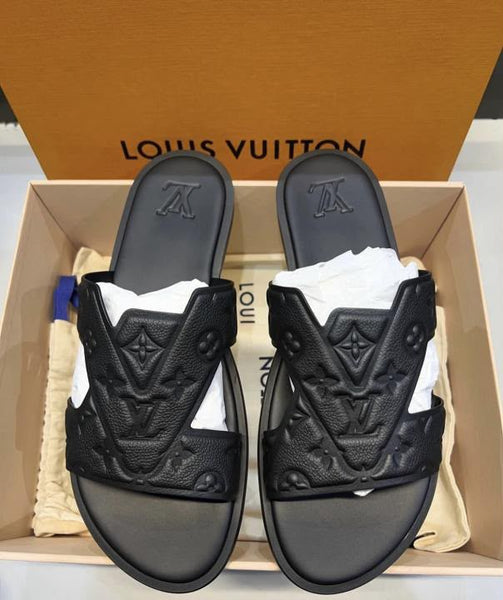Luxury Black Embossed Slide Sandals Elegant & Comfortable Everyday Wear