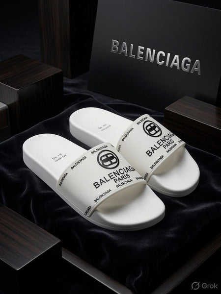 White Cushioned Slide Sandals with Bold Black Graphic Design