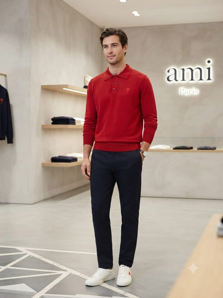Men Premium Red Long Sleeve Polo Sweater with Classic Collar