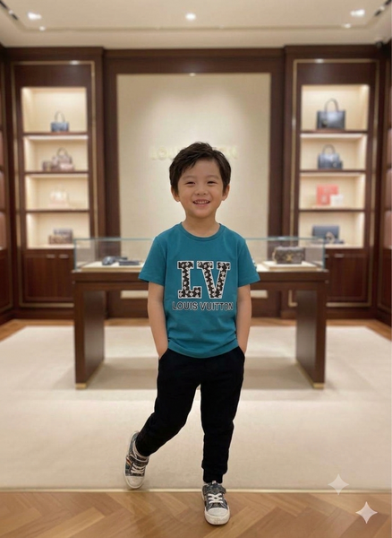 Kid Teal Blue Printed Crew Neck Casual T-Shirt